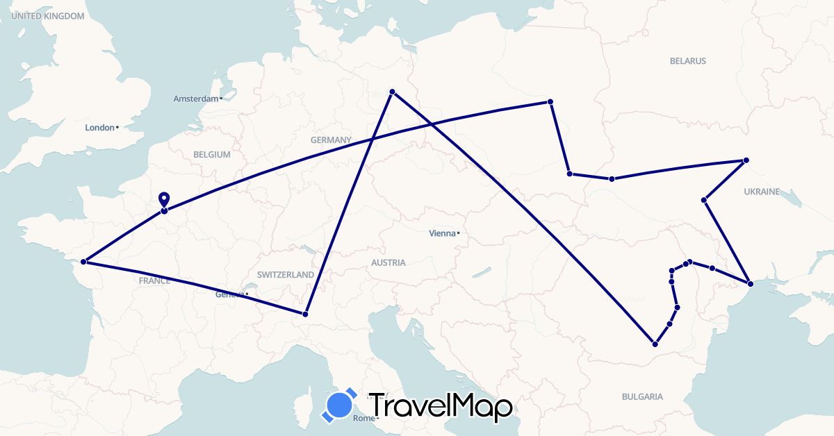TravelMap itinerary: driving in Germany, France, Italy, Moldova, Poland, Romania, Ukraine (Europe)